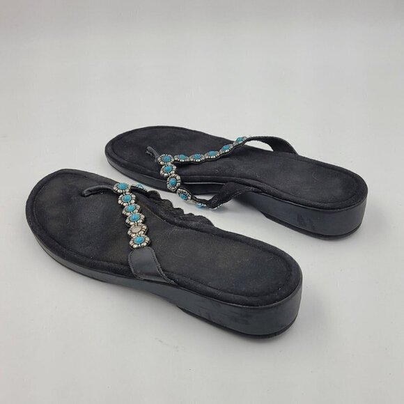 Minnetonka Black Thong Flip Flop Sandal w/ Silver Turquoise Flower Strap Size 11 - Picture 9 of 12